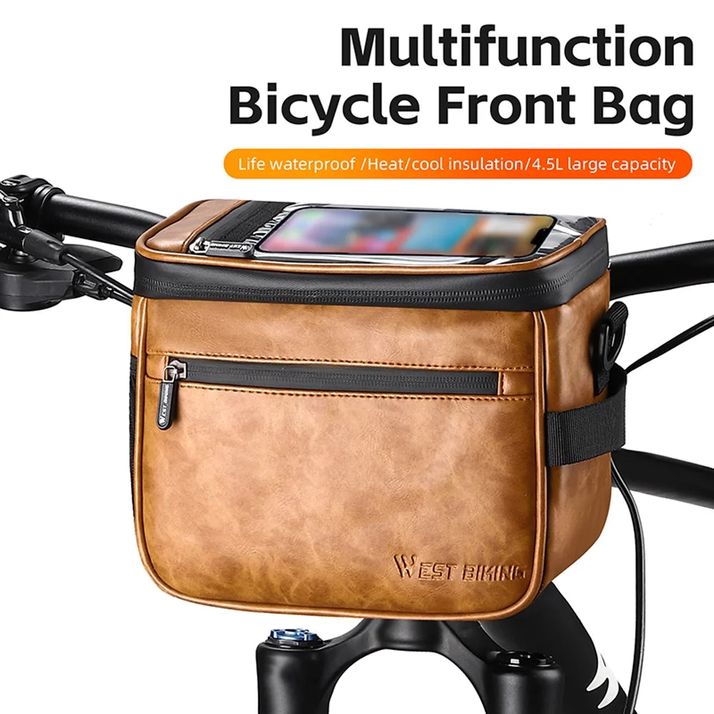 Waterproof Touchscreen Bike Front Handlebar Bag with Thermal Insulation PU Leather H568343