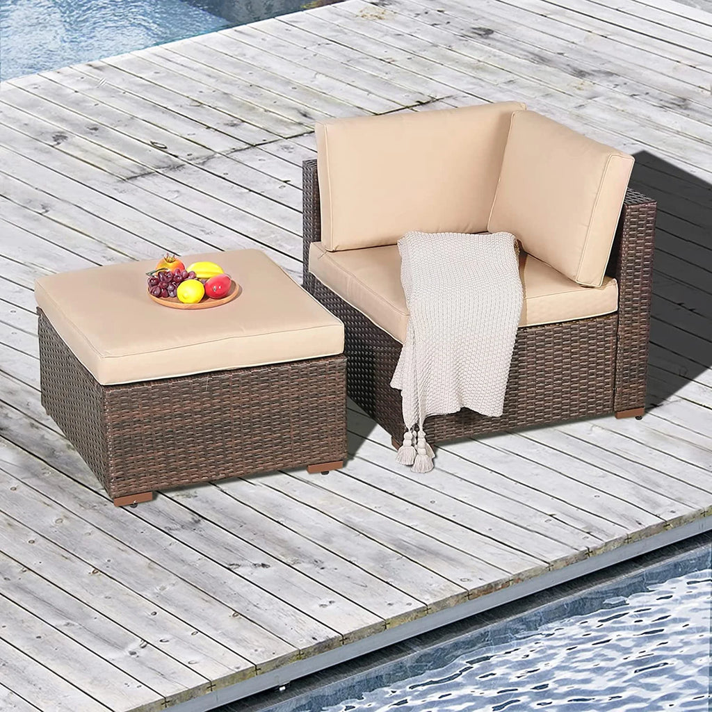2-Piece Patio Furniture Sofa Set, Outdoor Sectional Sofa, Brown PE Wicker Rattan Conversation Set, Outdoor Loveseat, Beige Cushion A549978