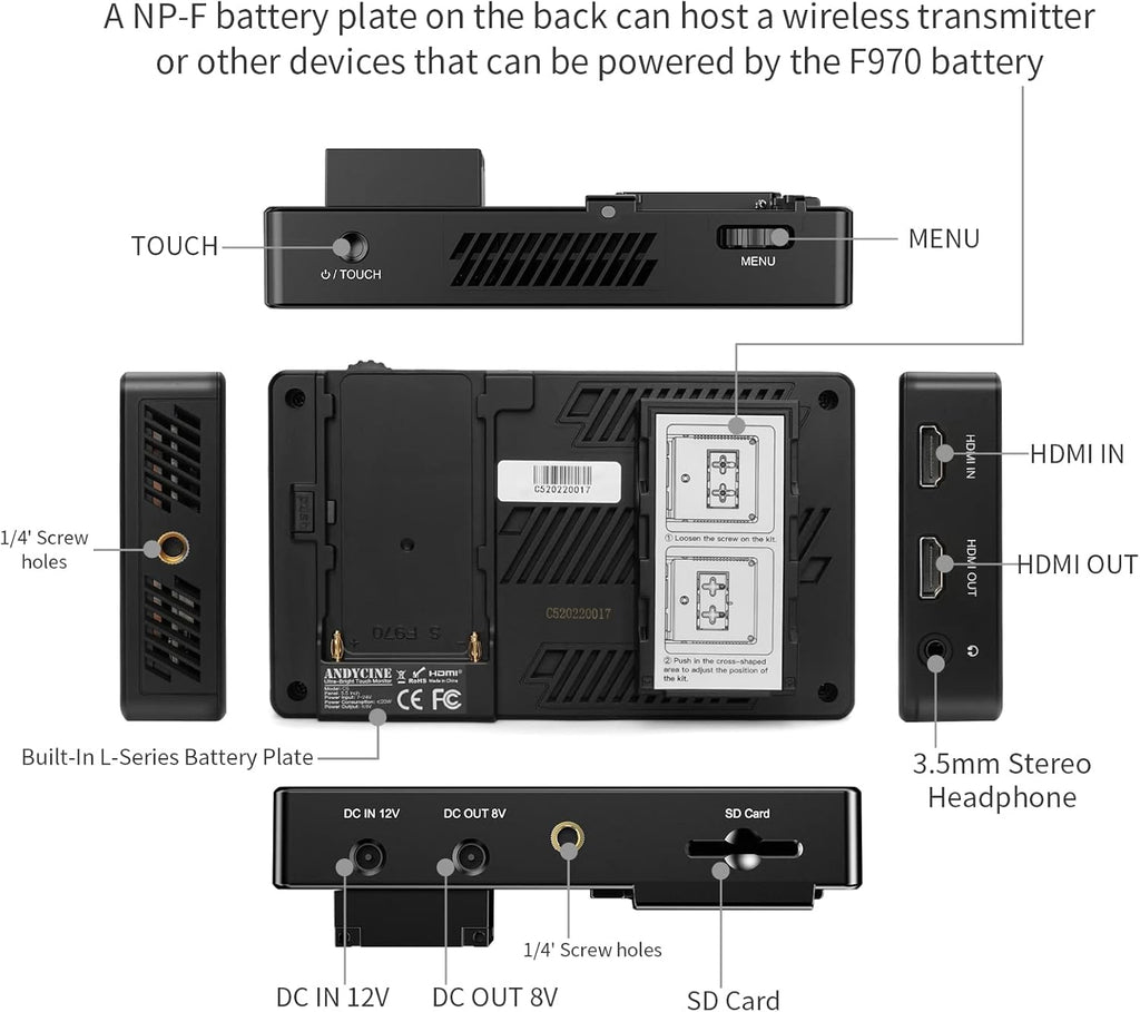 5.5 Inch 3000nit Touch Screen DSLR Field Monitor with F970 External Power 4K HDMI Input Output IPS Panel T27737