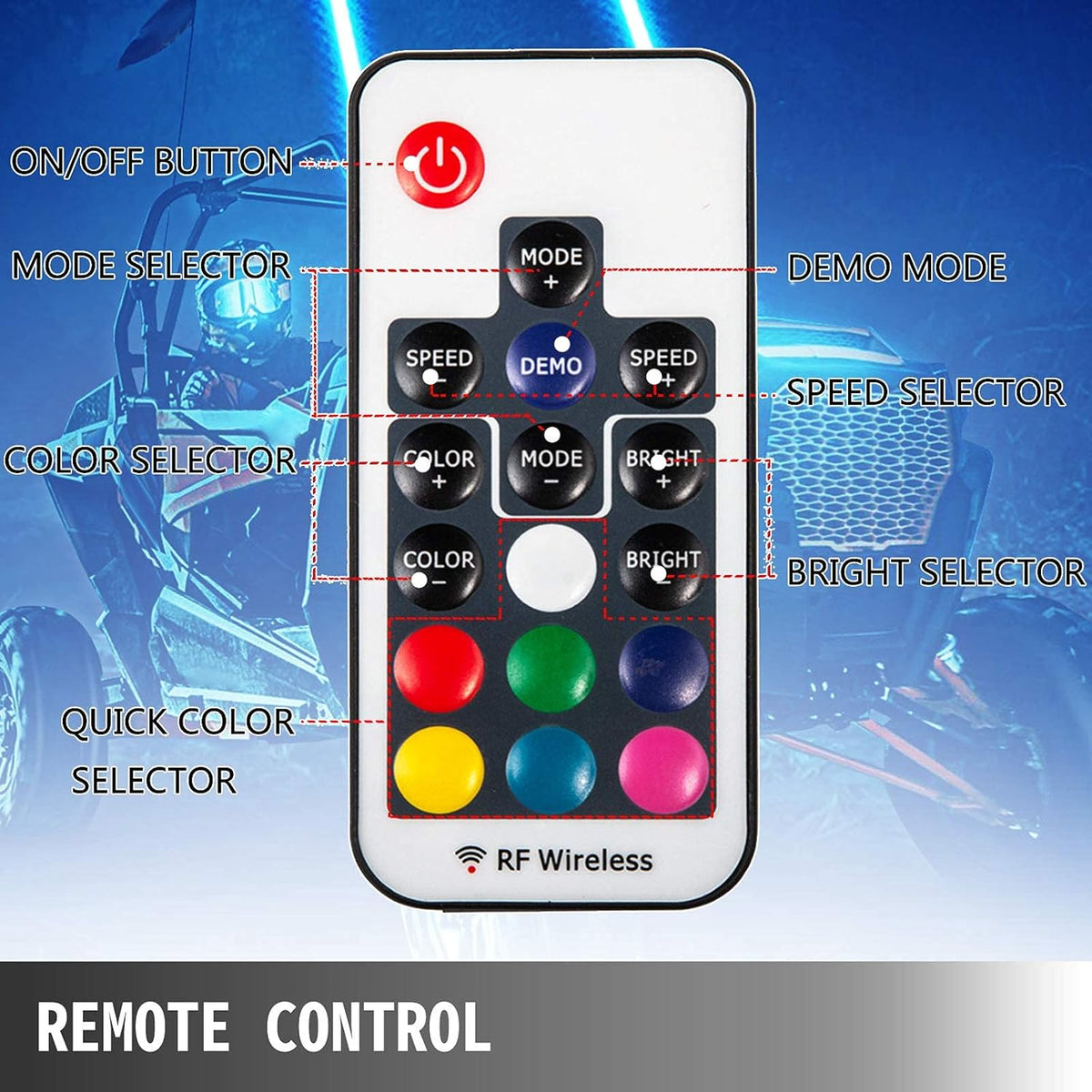 2PC 5FT 360° Spiral LED Whip Lights RGB Color Lighted Whips Antenna Weatherproof RF Wireless Remote R367121