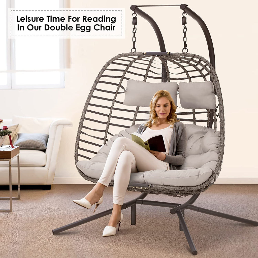 Light Grey 2 Person Hanging Wicker Egg Chair with Stand K72402