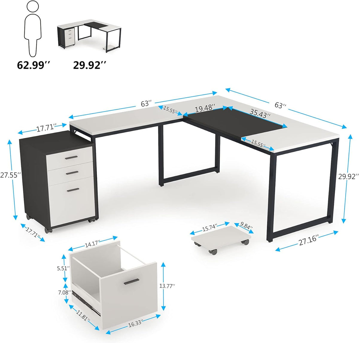L-Shaped Computer Desk with File Cabinet, 3 Drawer Mobile Filing Cabinet W335