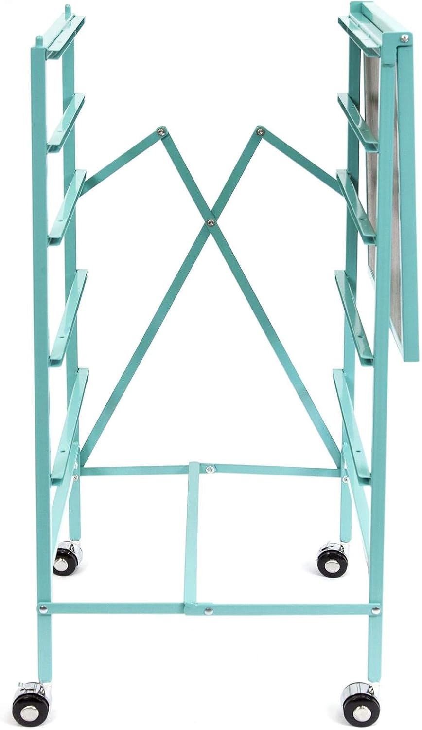 Turquoise Wheeled Folding Steel 5 Drawer Kitchen Cart Wood Top Y5684