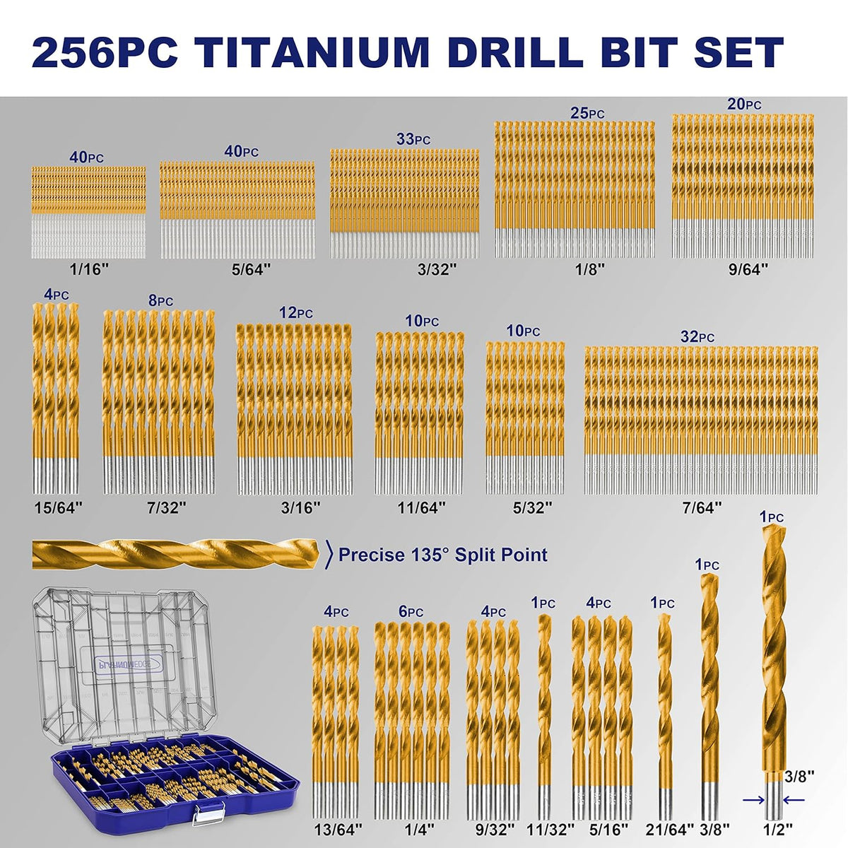 276 Piece Titanium Twist Drill Bit Set with S2 Bits, High Speed Steel D906