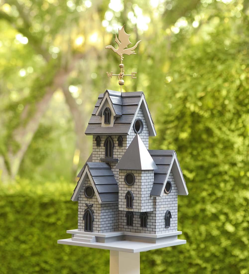 Gothic Castle Birdhouse with Metal Dragon Weathervane L68545