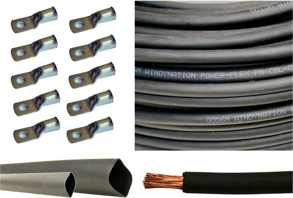 2 Gauge 5 Feet Red + 5 Feet Black Pure Copper Flexible Cable with 10pcs 3/8 Tinned Copper Lug Terminals and 3 Feet Heat Shrink Tubing Q8477