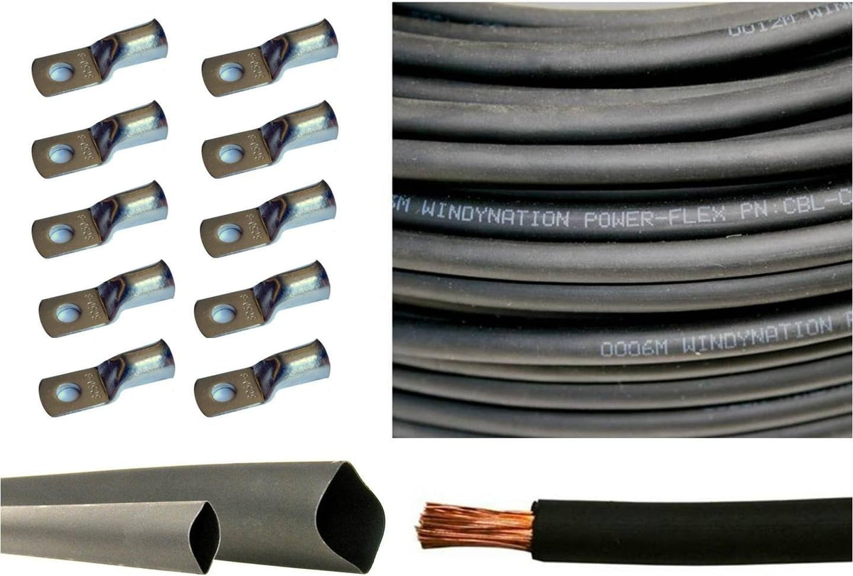 2 Gauge 5 Feet Red + 5 Feet Black Pure Copper Flexible Cable with 10pcs 3/8 Tinned Copper Lug Terminals and 3 Feet Heat Shrink Tubing Q8477