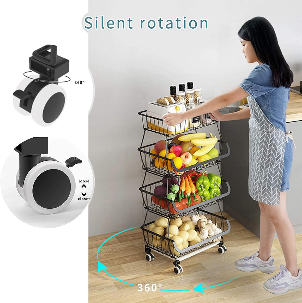 Black Iron Wire Stackable 5-Tier Kitchen Storage Baskets with Wheels and Feet Y803004