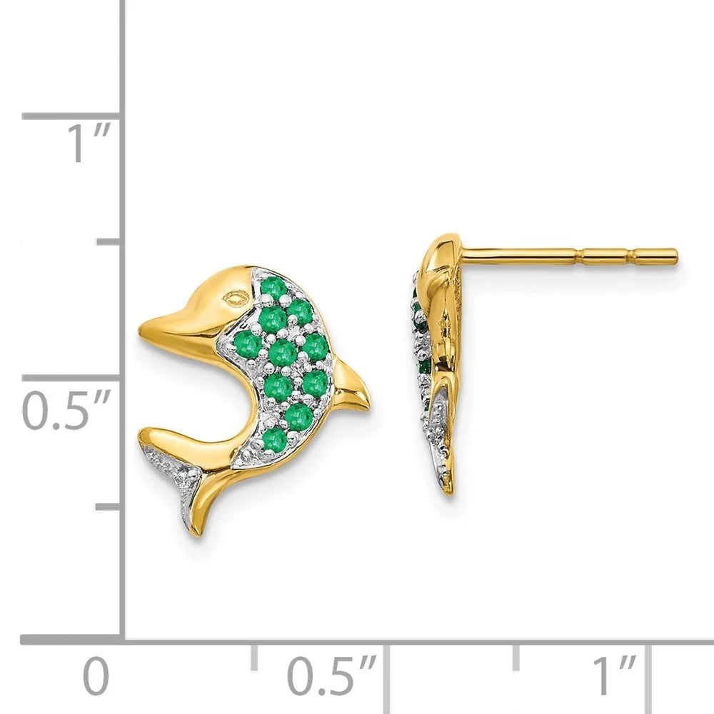 14k Yellow Gold Rhodium Marquise Emerald and Diamond Dolphin Stud Earrings A876