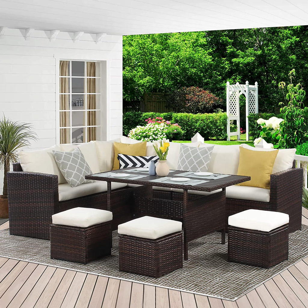 Ivory 7 Piece Outdoor Wicker Dining Sectional Sofa with Ottoman J9621