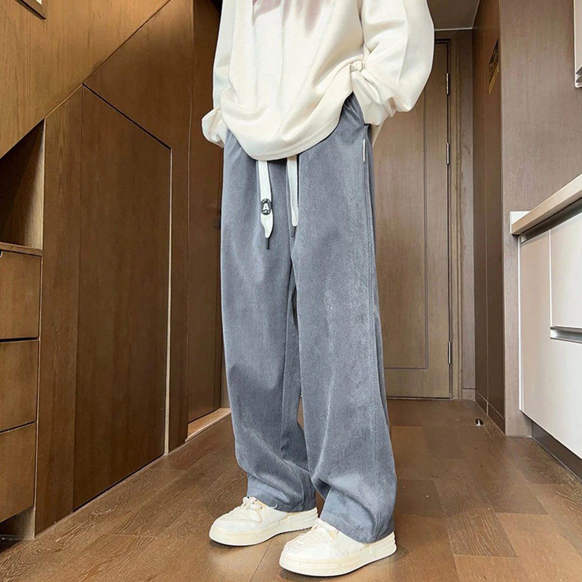Corduroy Straight Tube Loose Fitting Solid Color Lace Up Sports Pants F654