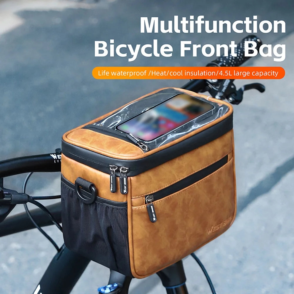 Waterproof Touchscreen Bike Front Handlebar Bag with Thermal Insulation PU Leather H568343