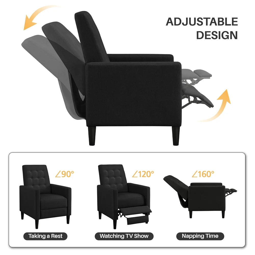 Black Fabric Tufted Recliner Chair with Adjustable Back & Footrest B9029