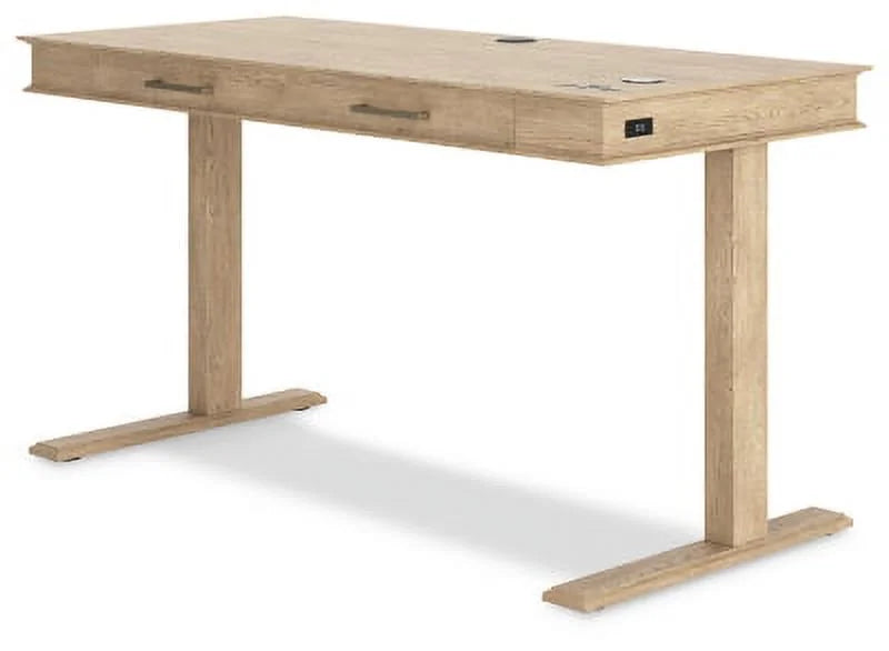 Light Brown Adjustable Height Desk with USB Ports & 2 Drawers T439823