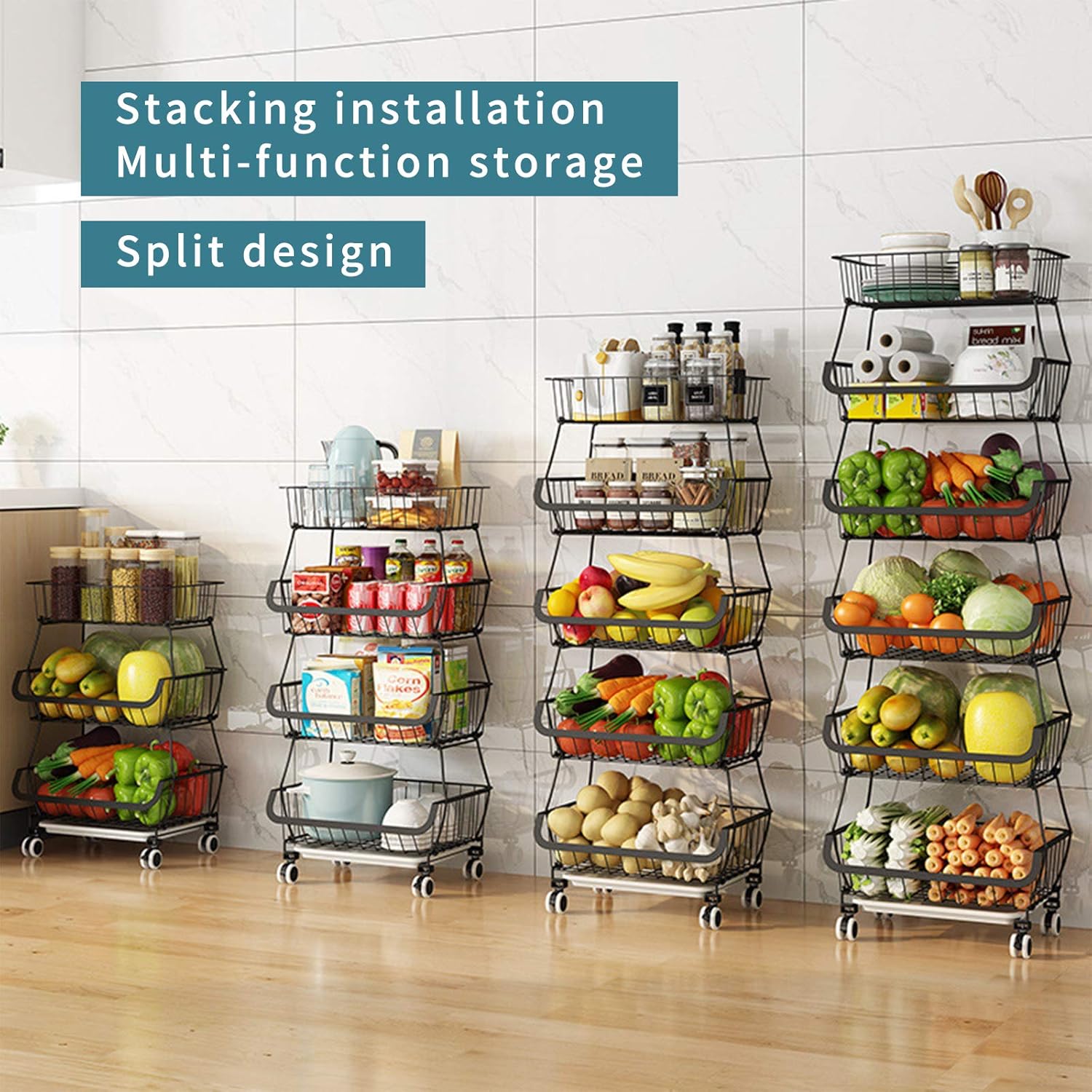 Black Iron Wire Stackable 5-Tier Kitchen Storage Baskets with Wheels and Feet Y803004