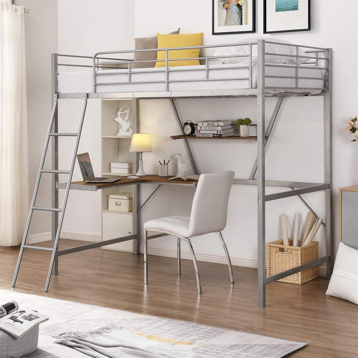 Black Twin Loft Bed with Desk and Bookcase T6281