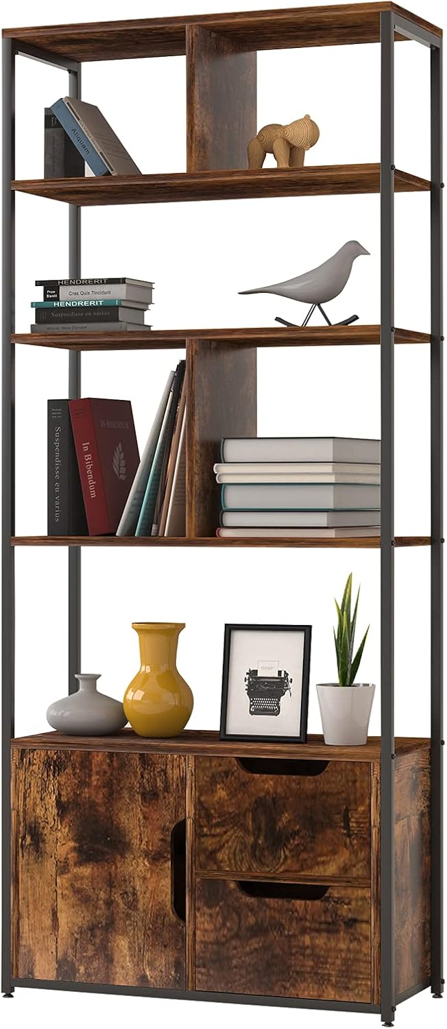 Industrial 5 Tier Bookshelf with 2 Drawers and Cabinet, Rustic Brown M132684