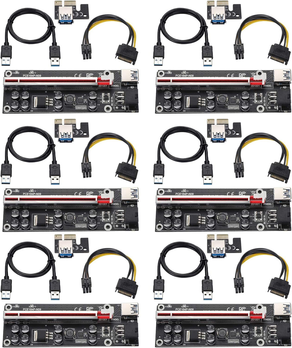 Black PCI-E 1X to 16X Riser Card with 24in USB 3.0 Extension Cable & 6PIN SATA Power Cable (6 Pieces) P585