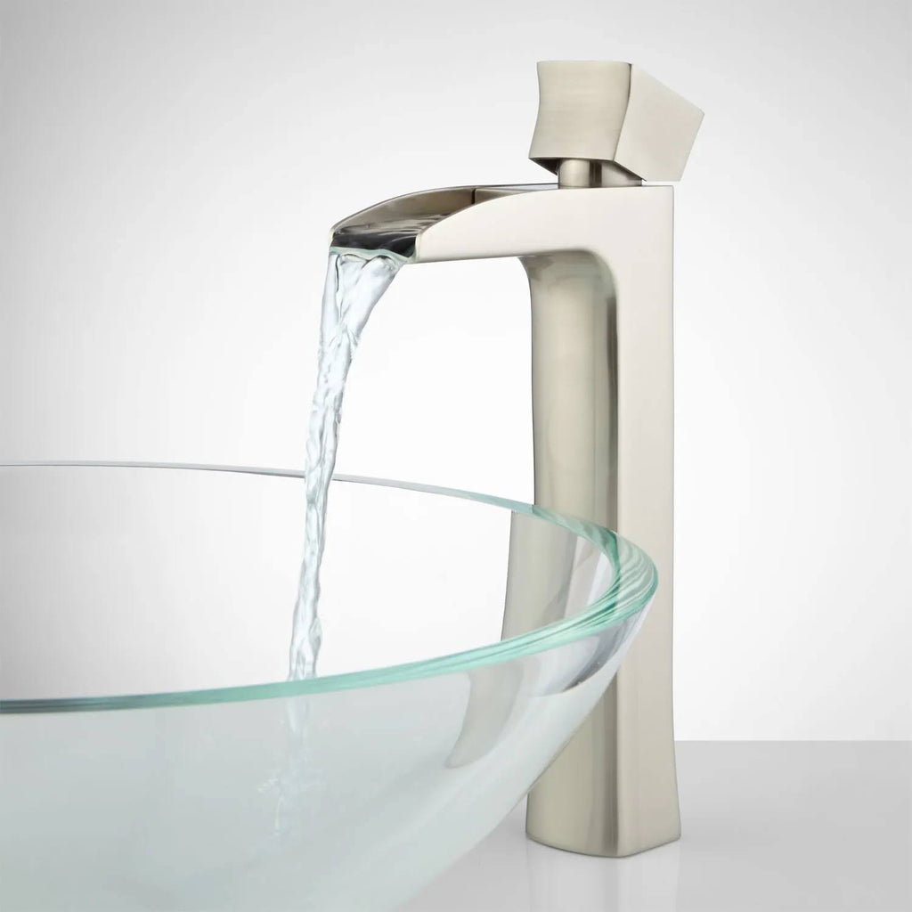 Brushed Nickel Single Hole Waterfall Vessel Bathroom Faucet with Pop-Up Drain Assembly R22746