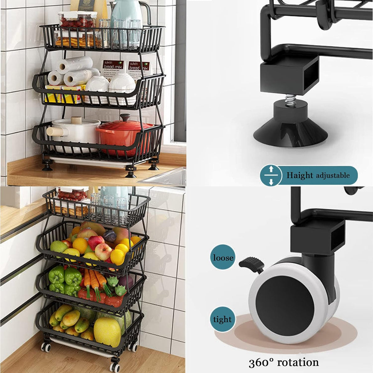 Black Iron Wire Stackable 5-Tier Kitchen Storage Baskets with Wheels and Feet Y803004
