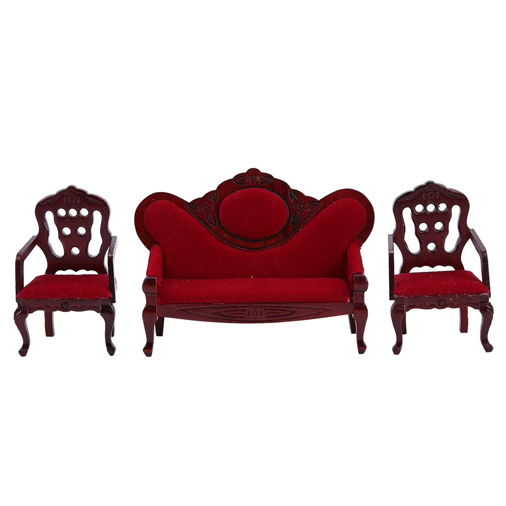 Red Wooden Dollhouse Sofa Chair Set W99184