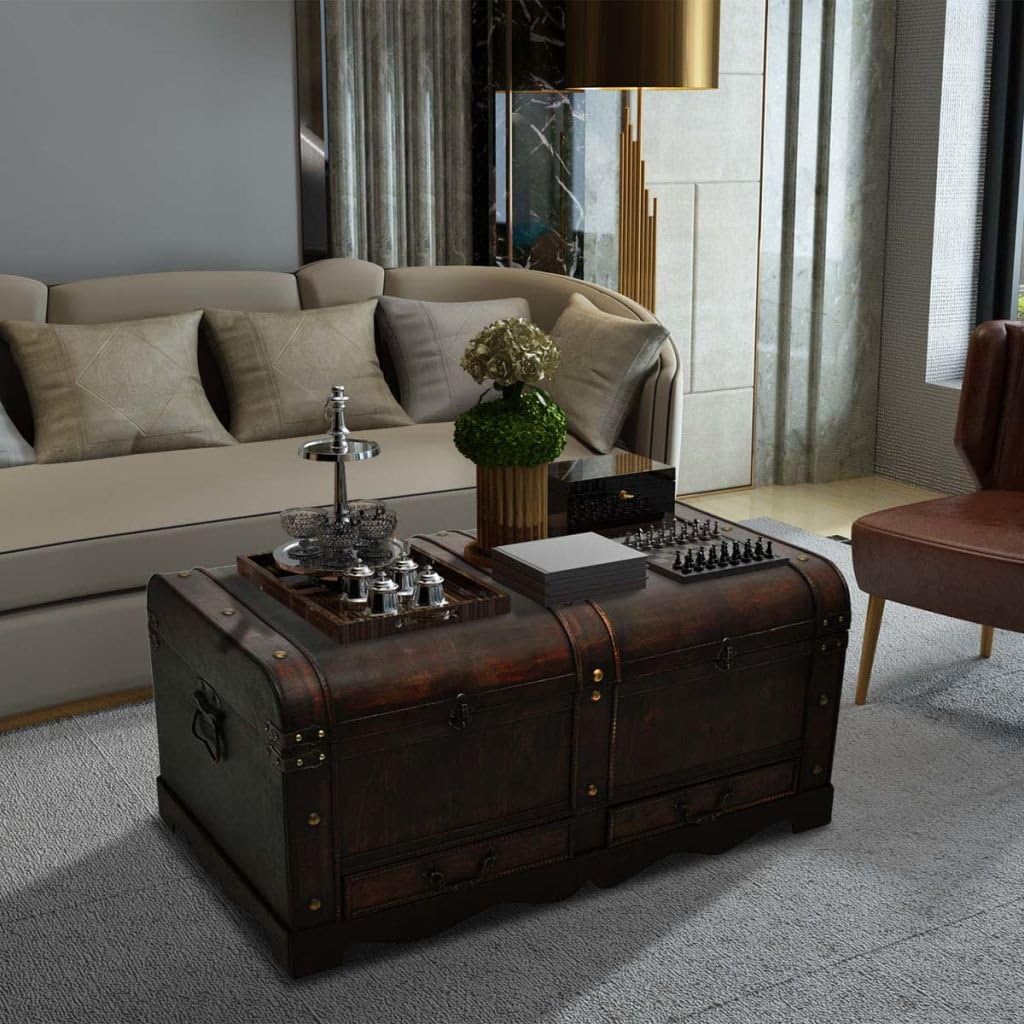 Vintage Wooden Treasure Chest Storage Trunk with 2 Drawers Y30634