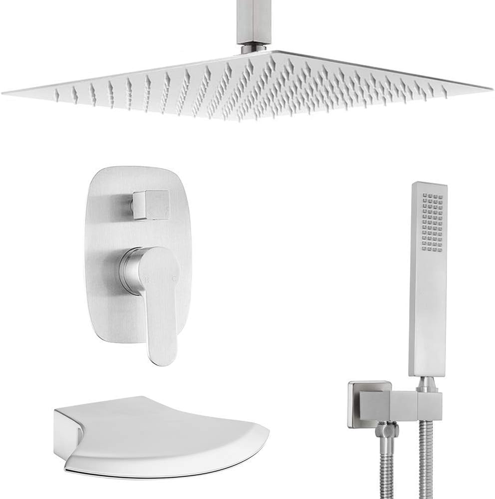 Brushed Nickel Waterfall Tub Spout Set With 12 Inch Rainfall Shower Head U37305