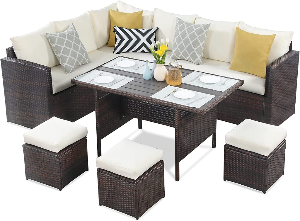 Ivory 7 Piece Outdoor Wicker Dining Sectional Sofa with Ottoman J9621