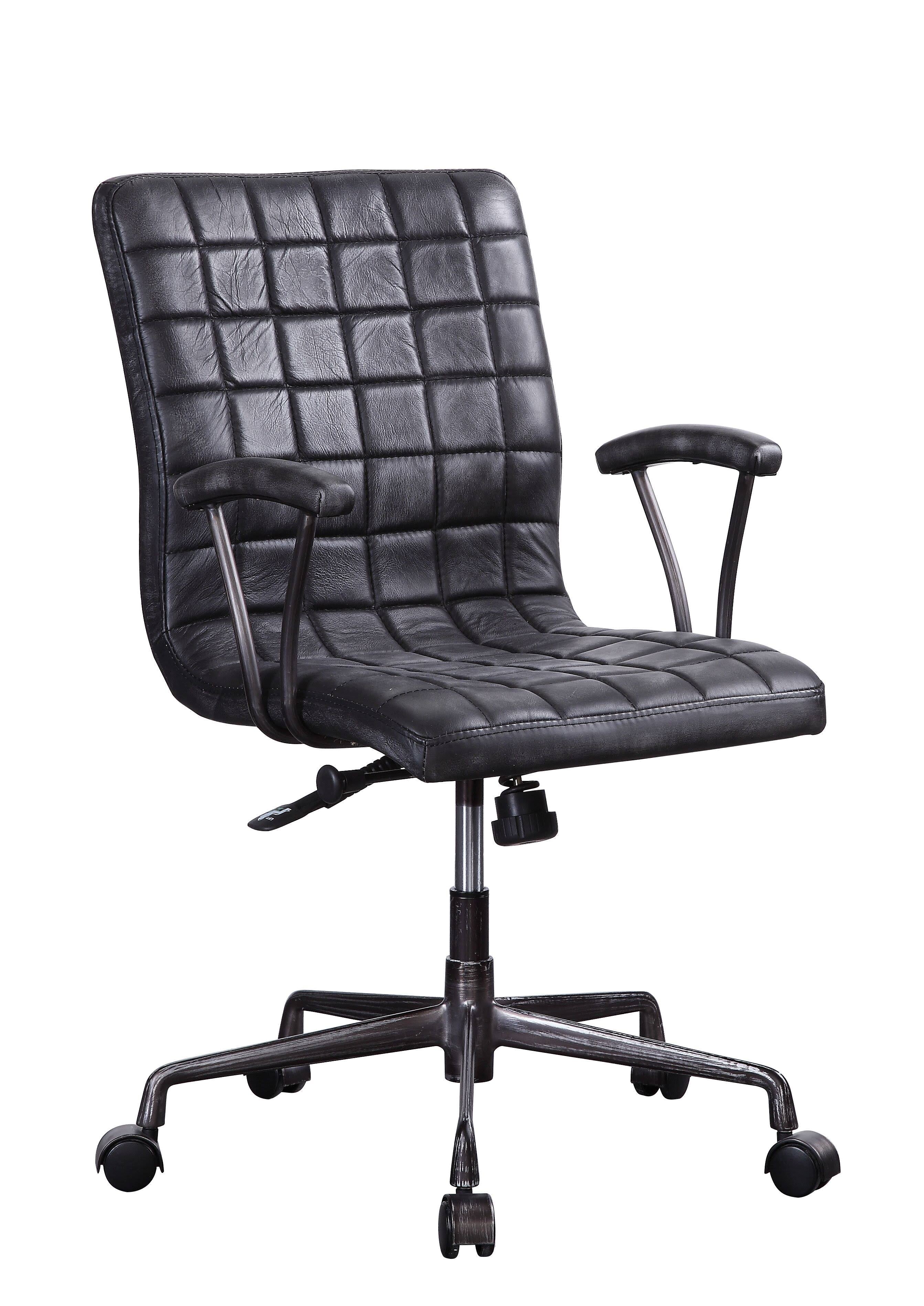 Vintage Black Top Grain Leather Aluminum Metal Upholstered Seat Casters Engineered Wood R50314