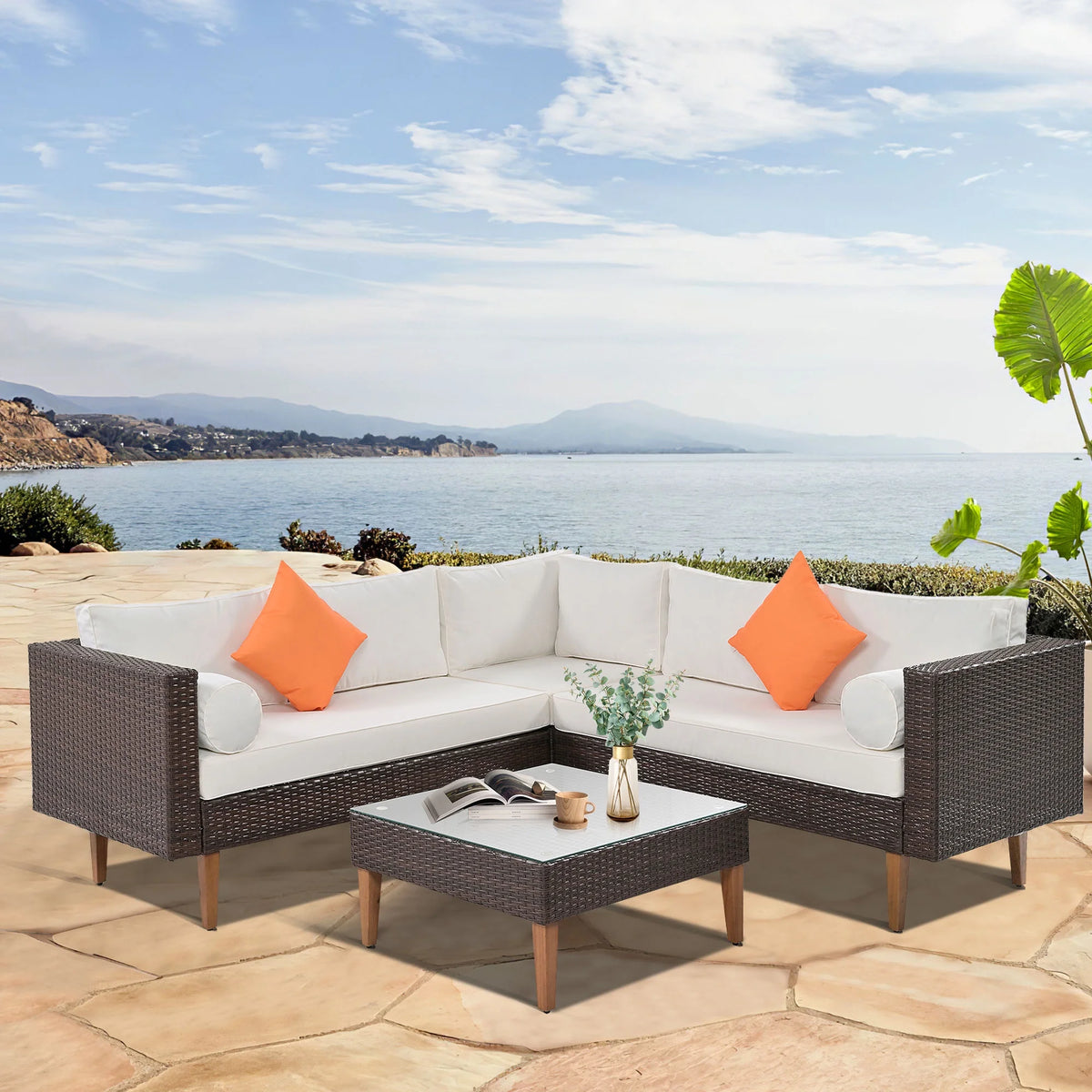 Beige Cushions Brown Rattan L-Shape Outdoor Wicker Sofa Set B361