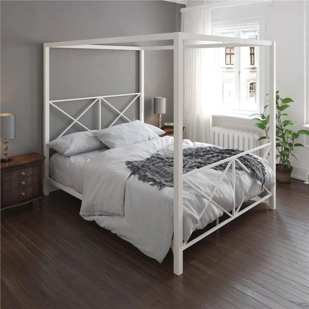 White Metal Canopy Bed Queen W304008