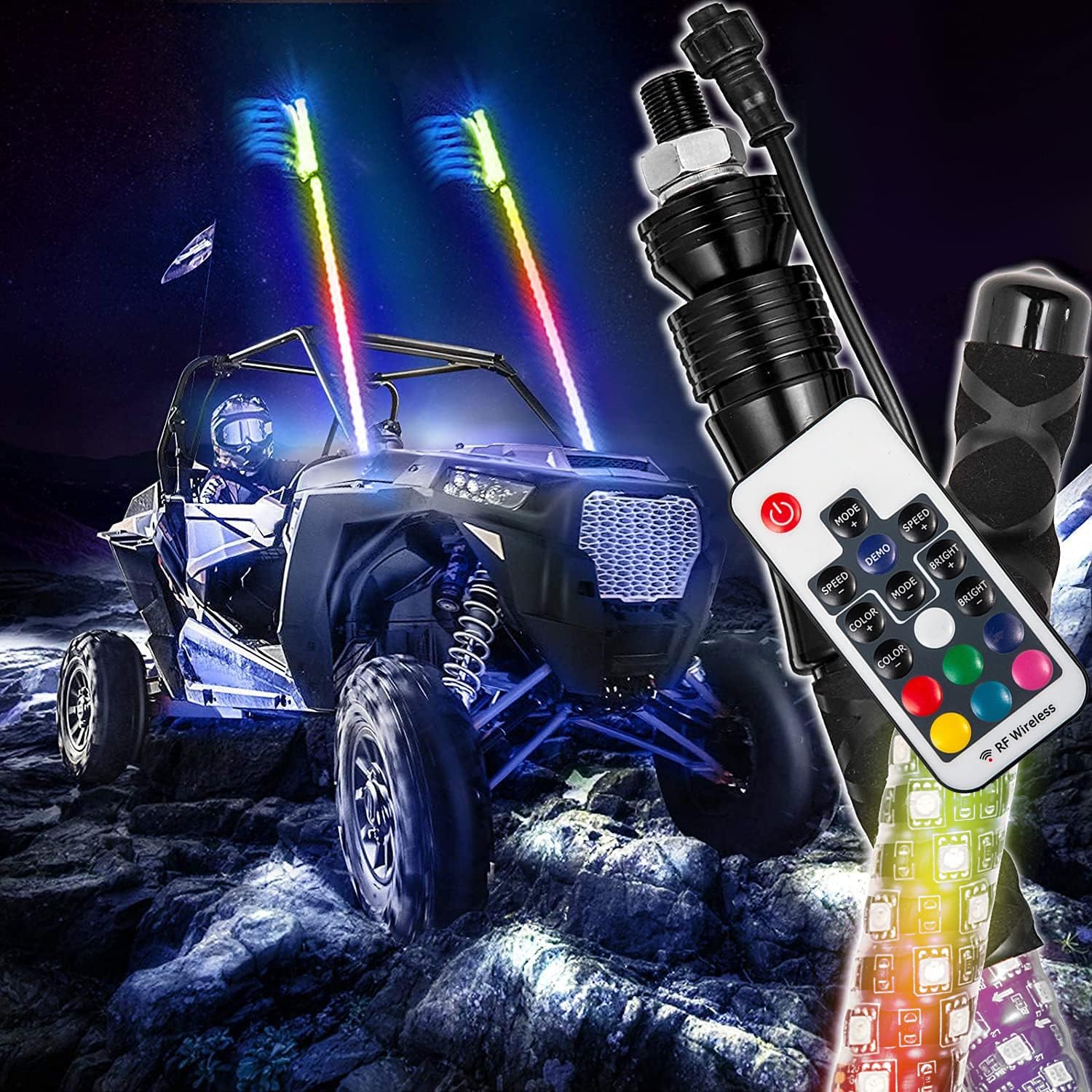 2PC 5FT 360° Spiral LED Whip Lights RGB Color Lighted Whips Antenna Weatherproof RF Wireless Remote R367121