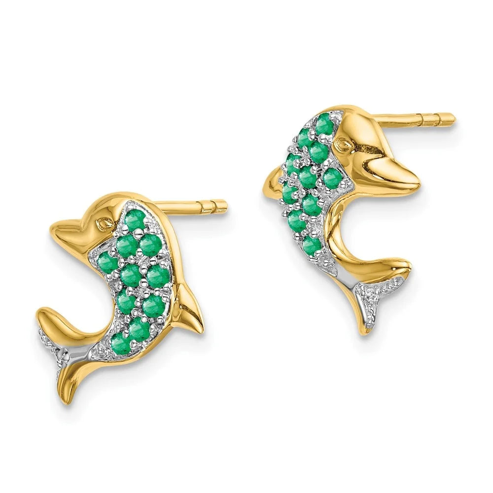 14k Yellow Gold Rhodium Marquise Emerald and Diamond Dolphin Stud Earrings A876
