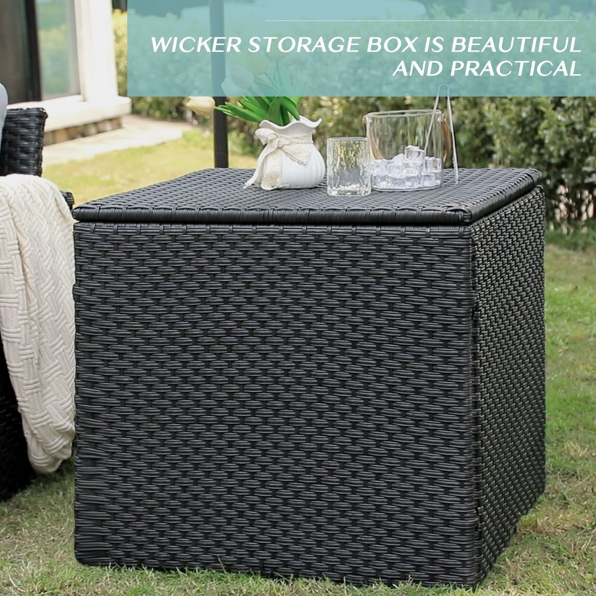Grey 9 Pcs Outdoor Patio Furniture Set Wicker Sectional Sofa with Storage Box, Coffee Table, Ottoman H58335