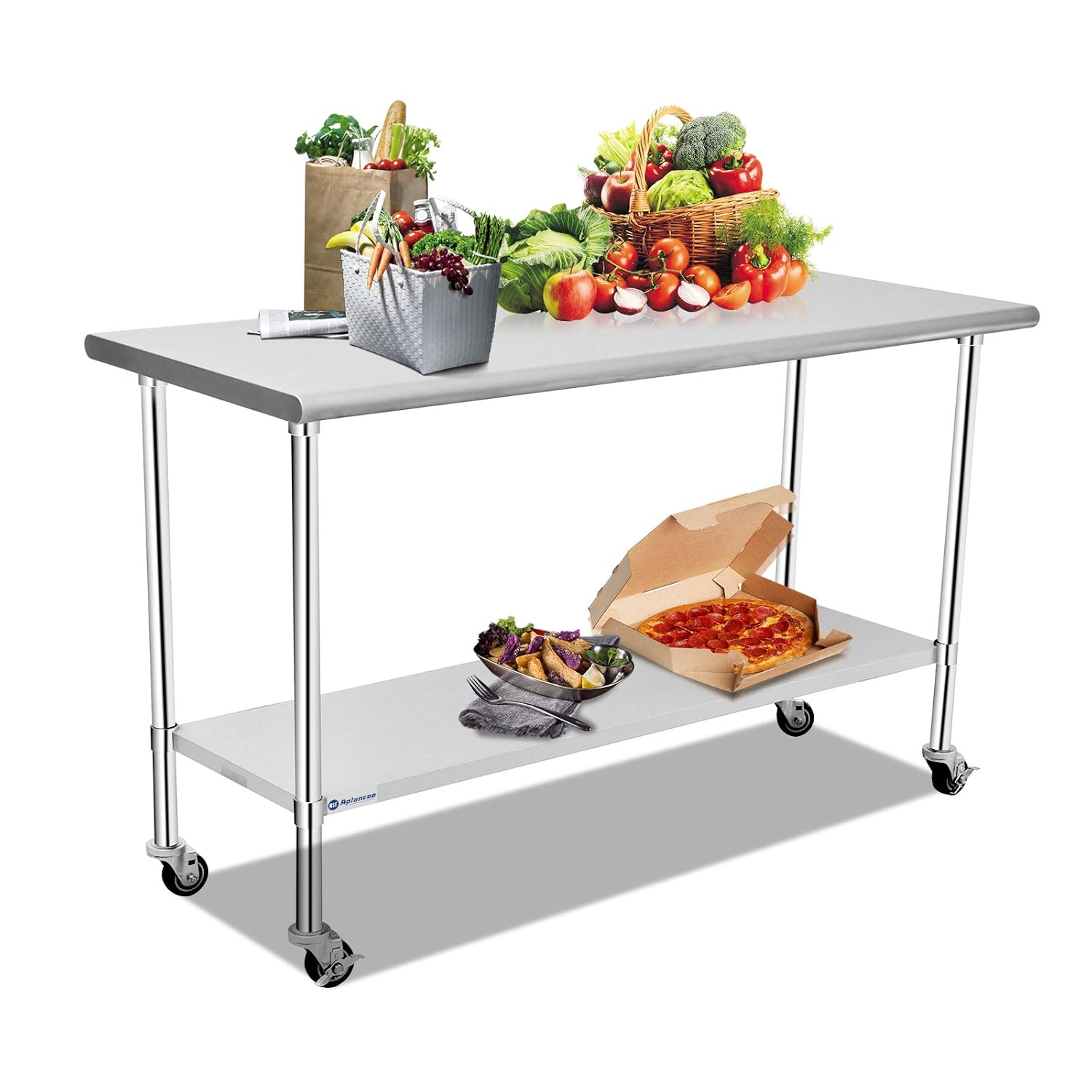 Stainless Steel Table 48 x 24 Inches with Caster Backsplash and Adjustable Undershelf Metal Utility Work Workstations A821