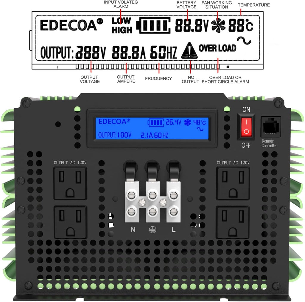 24V Pure Sine Wave Power Inverter 3500W DC to AC 110V 120V 4 AC Outlets with LCD Display and Remote Controller F421