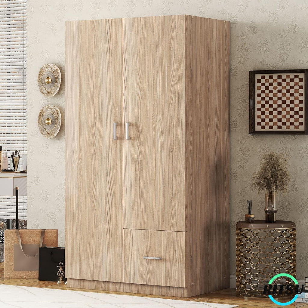 Natural Wooden Armoire Wardrobe with 2 Doors, 1 Drawer, 5 Open Shelves and Hanging Rod B339
