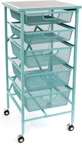 Turquoise Wheeled Folding Steel 5 Drawer Kitchen Cart Wood Top Y5684