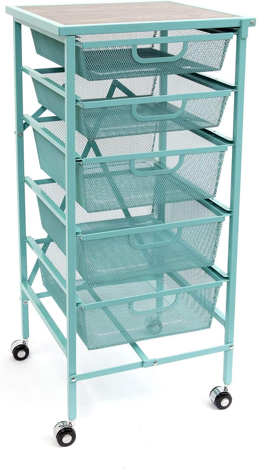 Turquoise Wheeled Folding Steel 5 Drawer Kitchen Cart Wood Top Y5684
