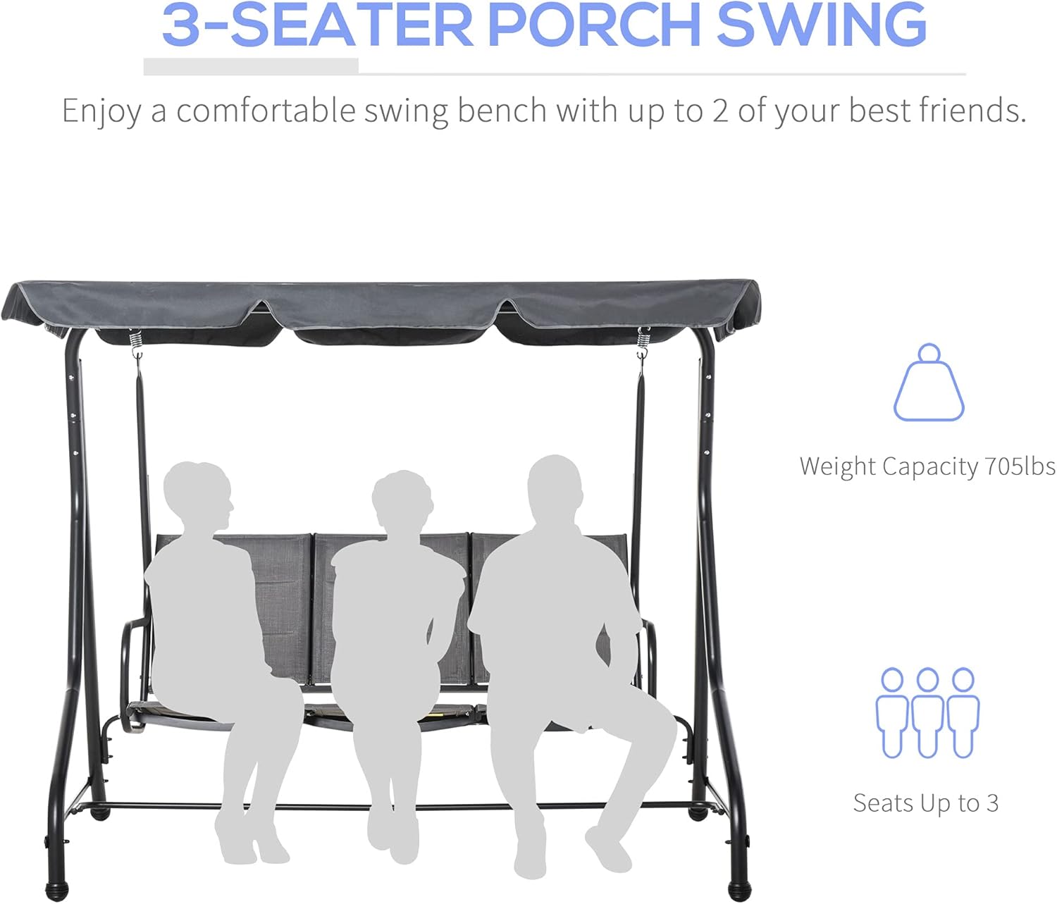 3-Seater Porch Swing Chair with Adjustable Canopy B22917