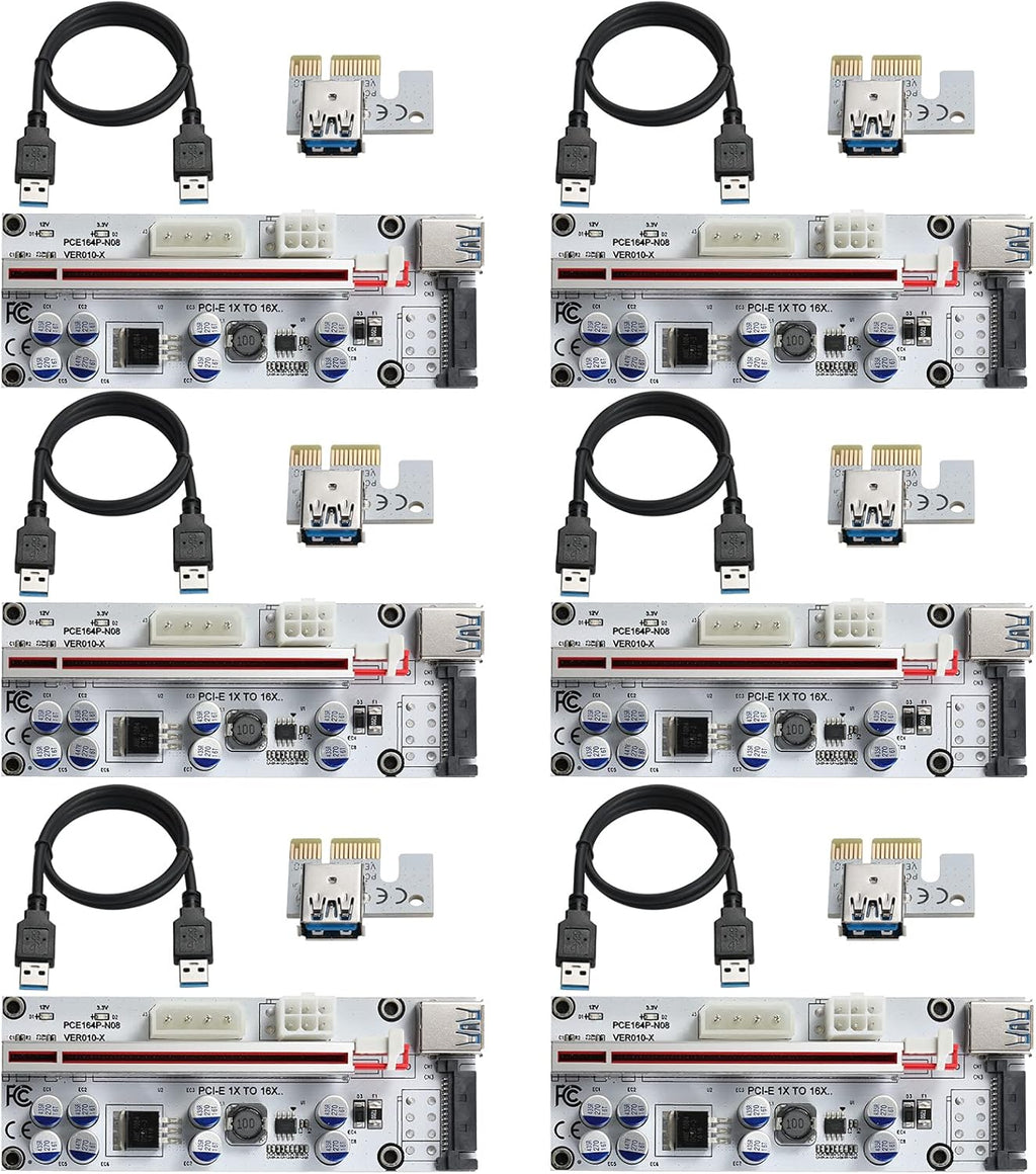 Black PCI-E 1X to 16X Riser Card with 24in USB 3.0 Extension Cable & 6PIN SATA Power Cable (6 Pieces) P585