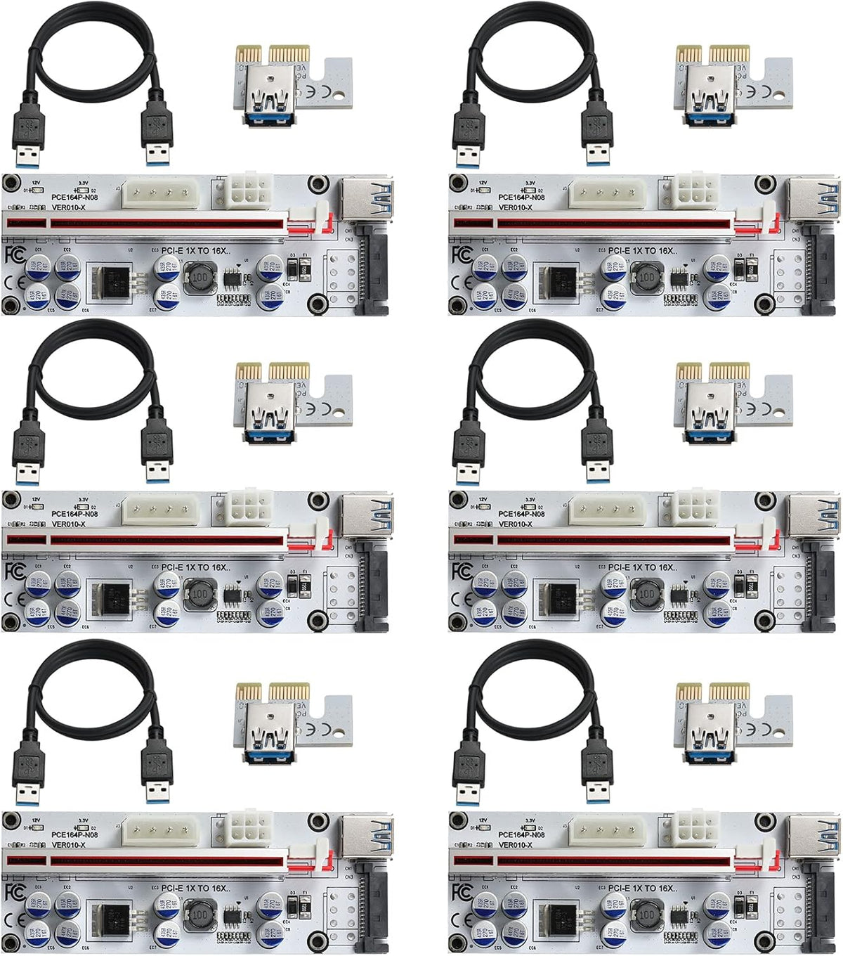 Black PCI-E 1X to 16X Riser Card with 24in USB 3.0 Extension Cable & 6PIN SATA Power Cable (6 Pieces) P585