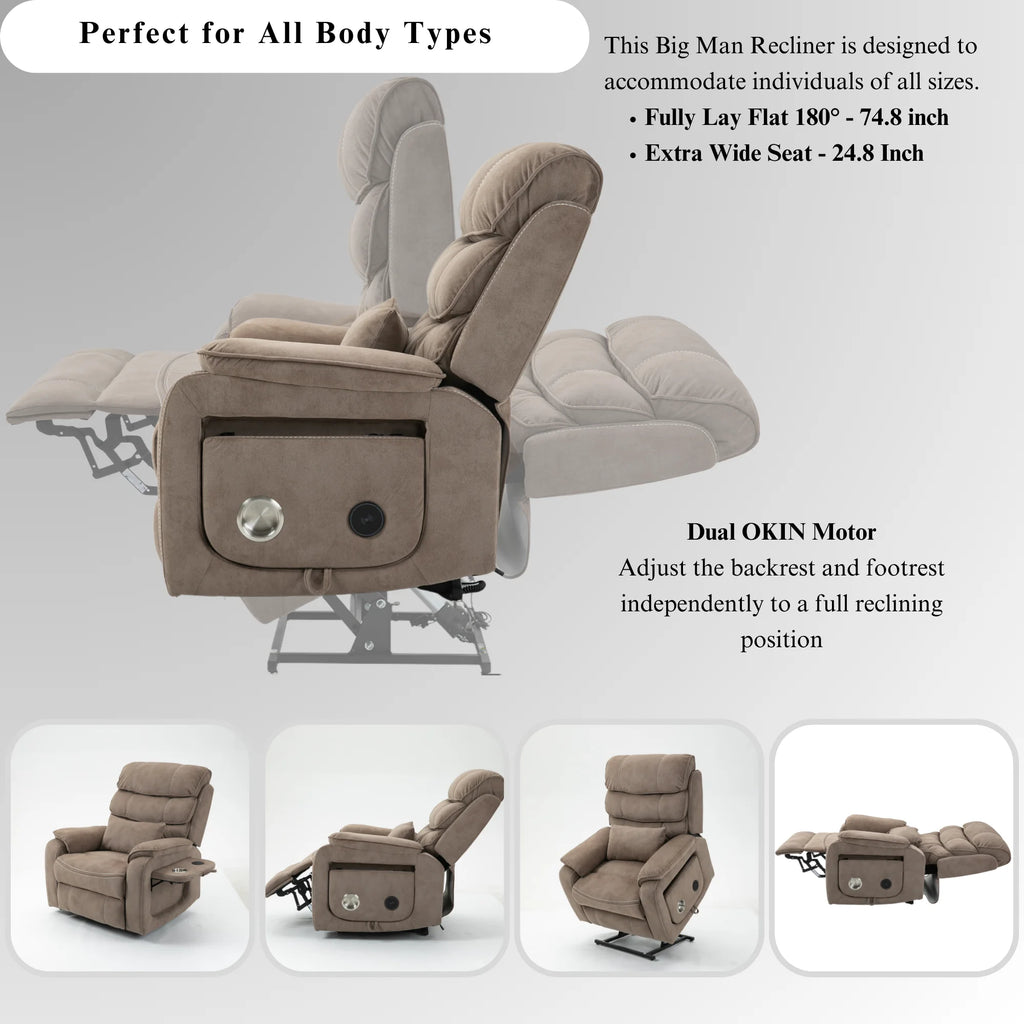 Lay Flat Recliner with Tabletop, Wireless Phone Charger, Cup Holder & Lumbar Pillow, Dual Motor Lift Chair, 400 lbs Capacity L77540