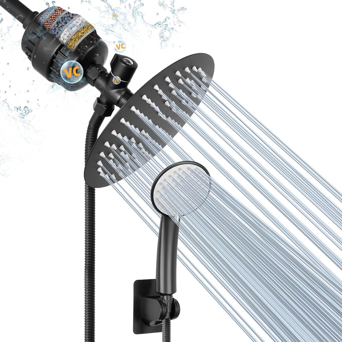 Matte Black 8″ Round Rain Shower Head and 5 Settings Handheld Shower Filter Combo with Self-adhesive Holder, 1.5M Hose, 1 Replaceable Filter Cartridge, Pack of 2 O448558