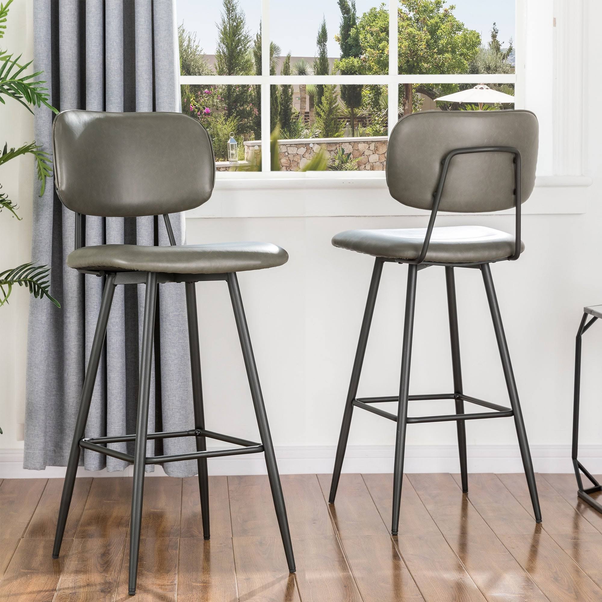 Grey PU Leather Bar Stool with Back, Set of 2 E48462