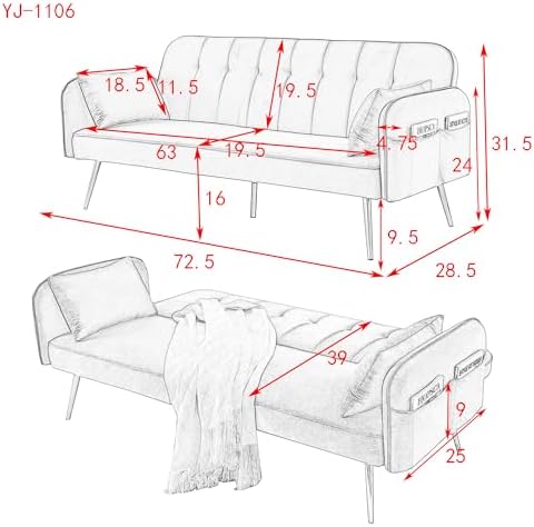 Black Linen Fabric Convertible Futon Sofa Bed with Adjustable Backrest and Metal Legs L475