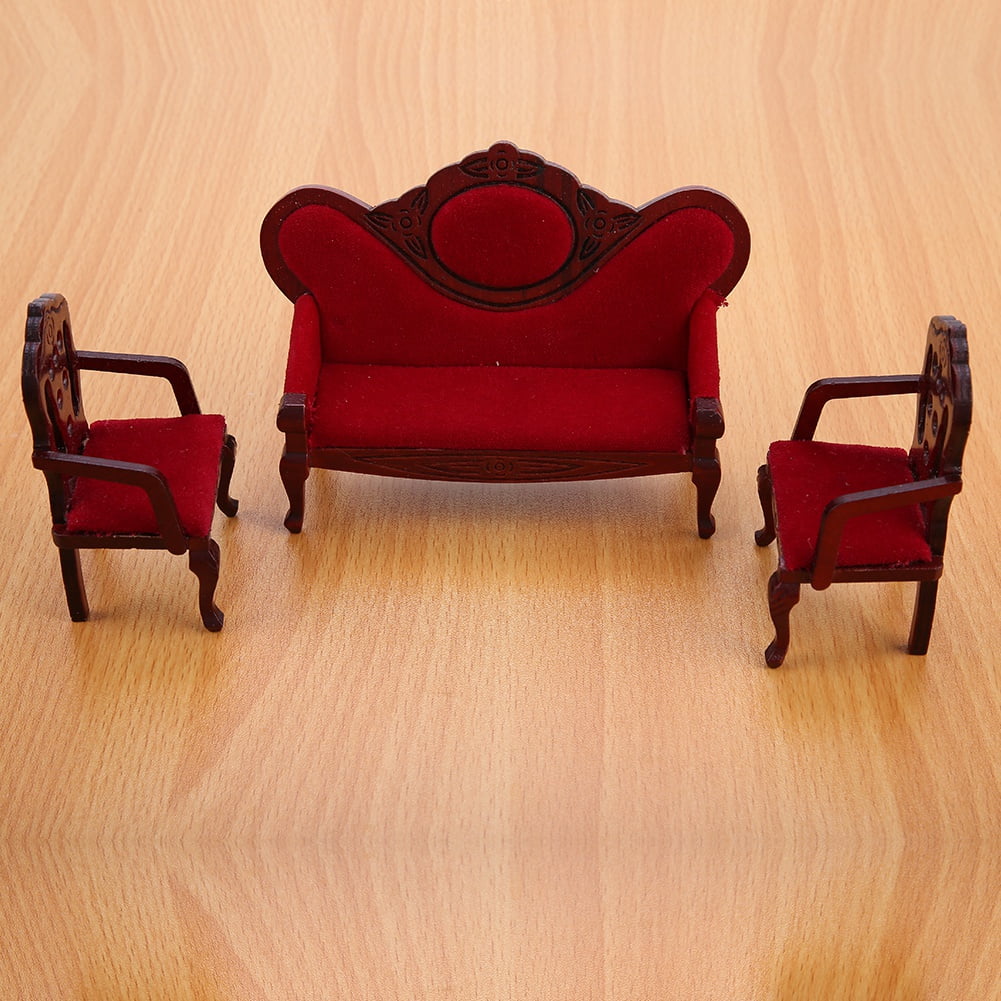 Red Wooden Dollhouse Sofa Chair Set W99184