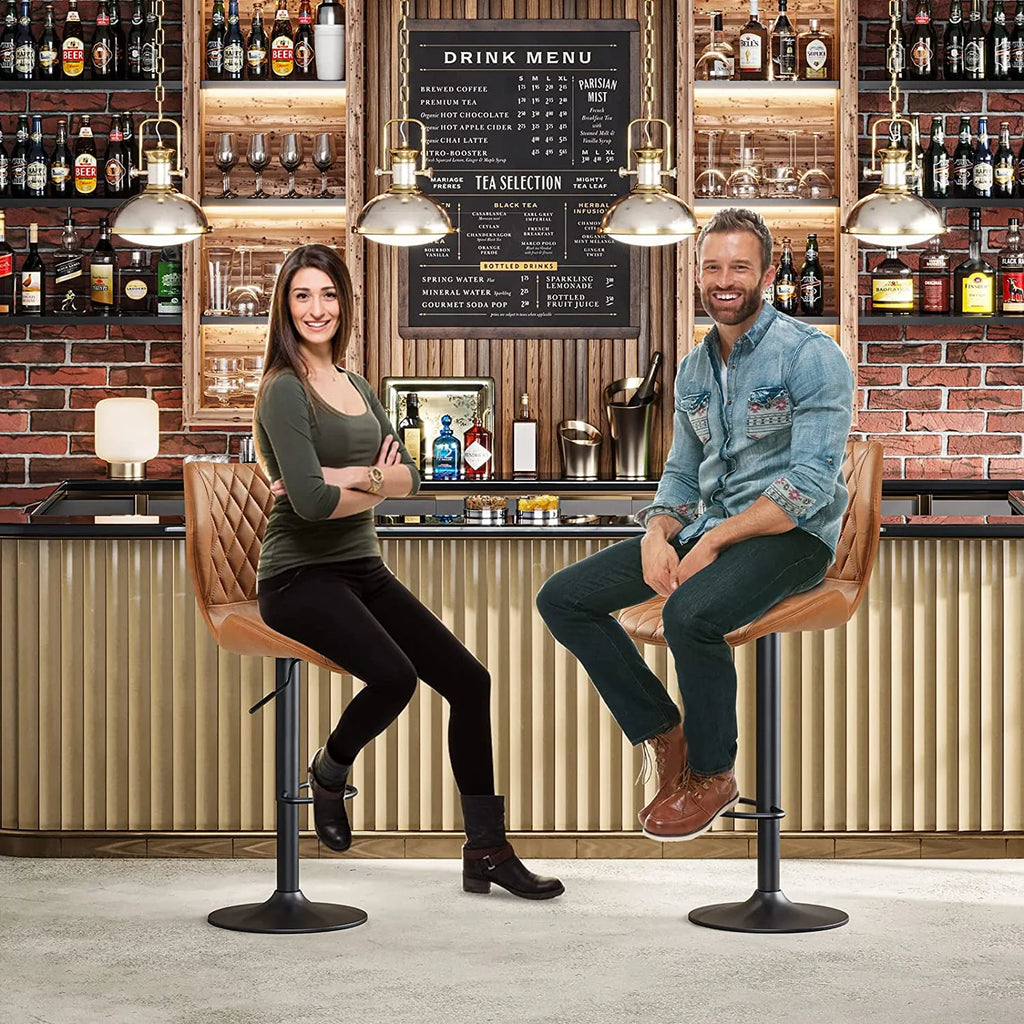 Set of 2 PU Leather Bar Stools Height Adjustable Bar Chairs Brown T631857