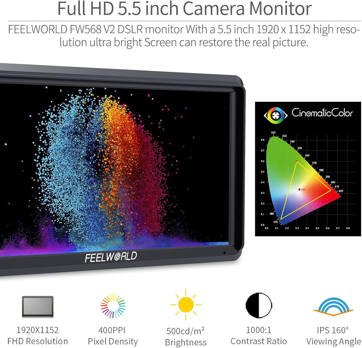 5.5 Inch 4k HDMI Camera Field Monitor with Sunshade and Tilt Arm Mount Z643