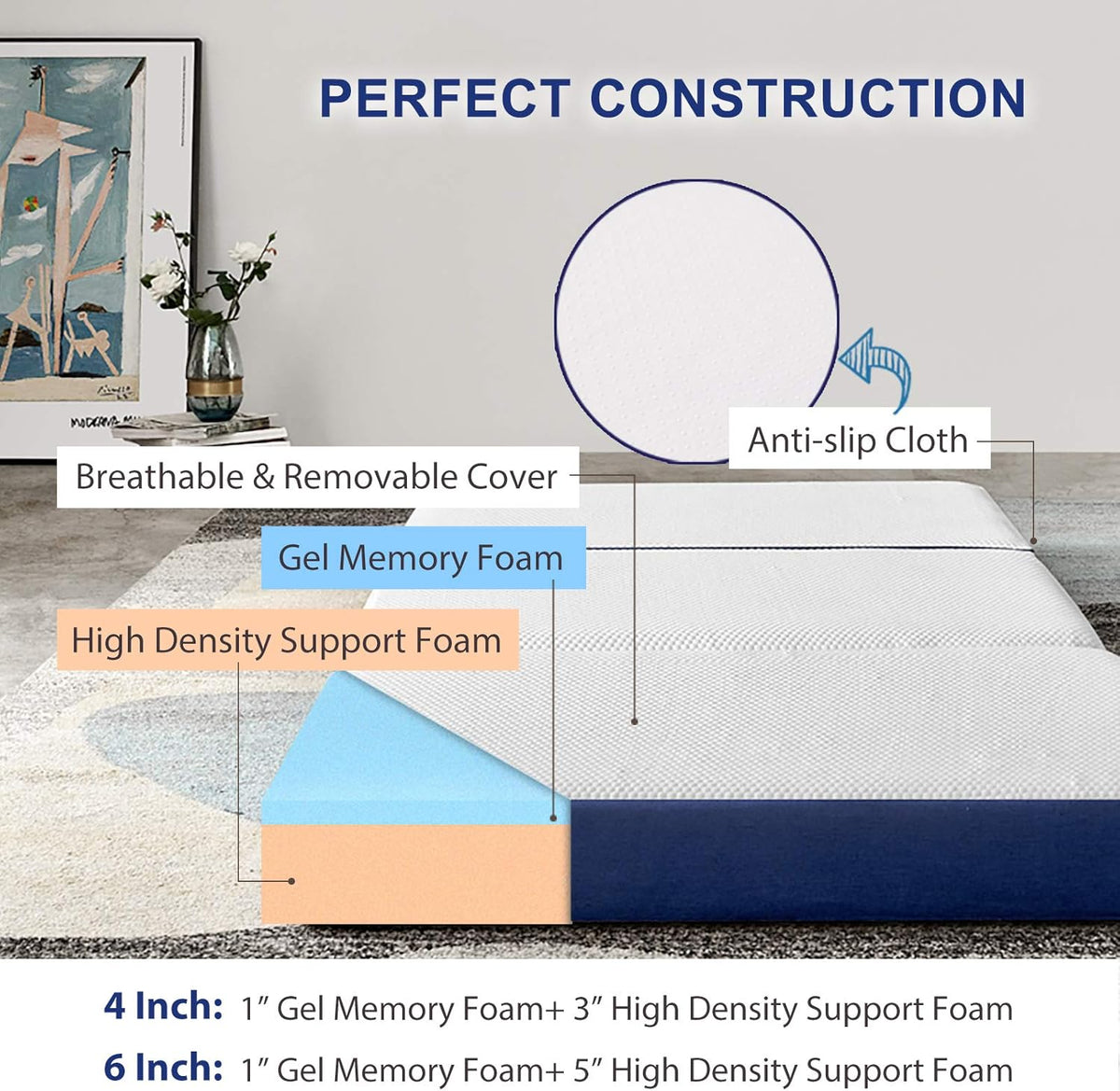 Tri-fold Memory Foam Mattress Topper with Washable Cover, Small Twin Size V677